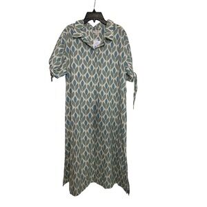 NWT Linda Anderson Leaf Print Dress Green Blue Cream Button Rolled Sleeve Size S